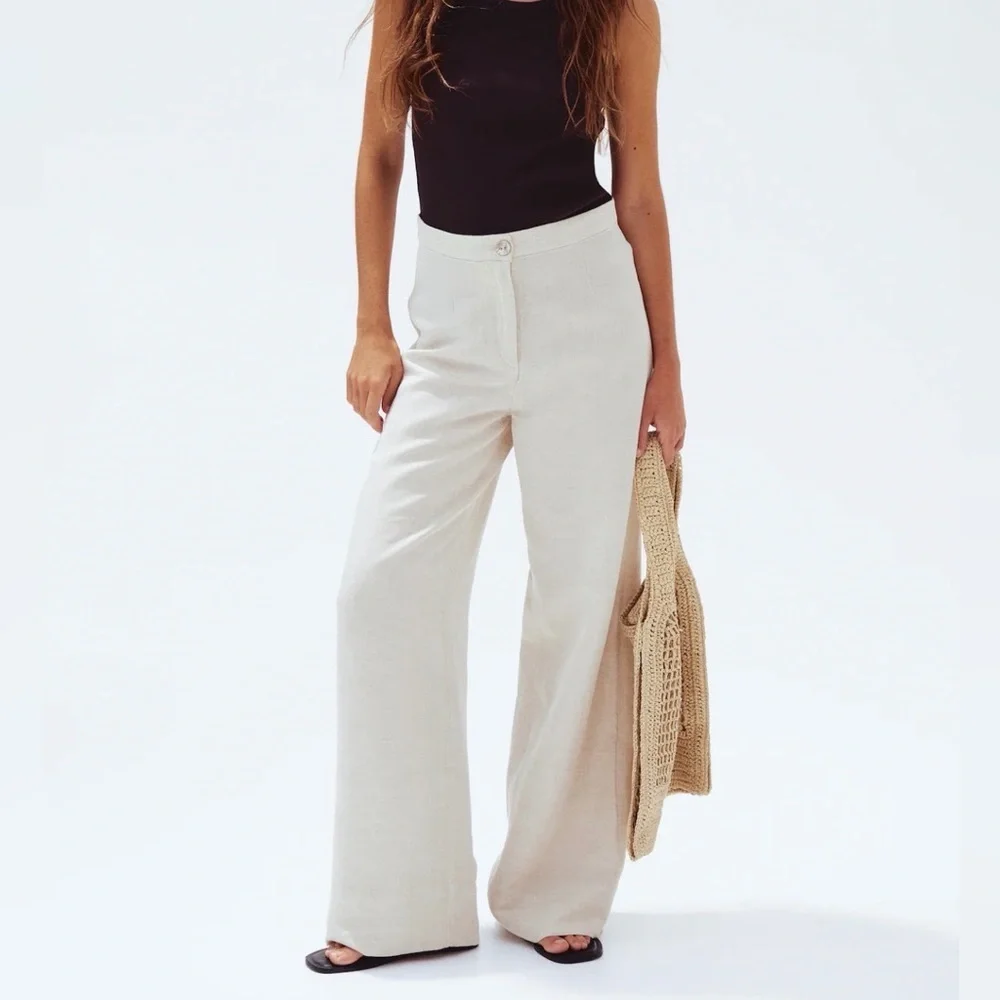 H&M Light Beige/Khaki Wide-Leg Linen Pants Size 8